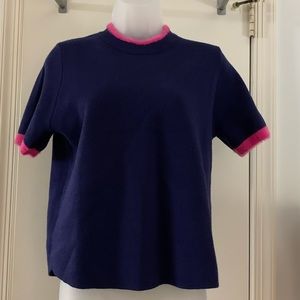 Navy Blue Crew Neck Sweater, Pink Fuzzy Trim